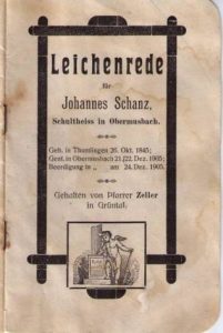 Leichenpredigt Johannes Schanz 1905